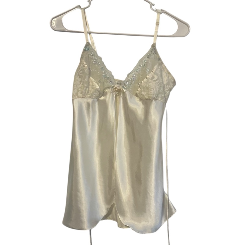 Vintage White Nightie Lace Detail Tie Back Chemise Top Small